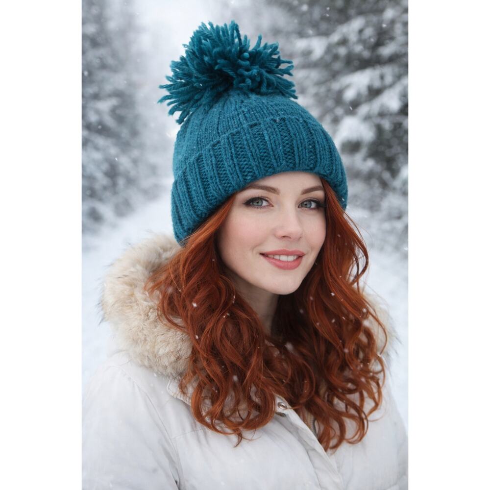 Teal Knit Beanie Hat Pom Pom Soft Winter Cap Cozy Chunky Warm